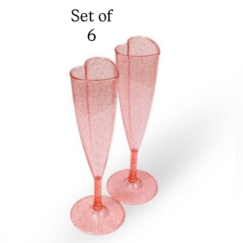 6 Valentine Heart Plastic Chamagne Flutes Glitter Pink Disposable Galentine